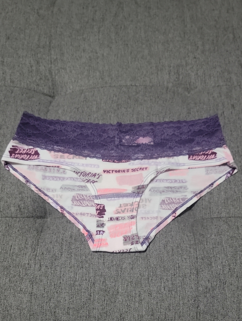VTG Victoria's Secret Graffiti Logo Lace Waist Hiphugger Panty XS Tag 2014